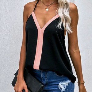 Black/Pink Contrast Panel Racer Back Cami Top Size Small, SHEIN